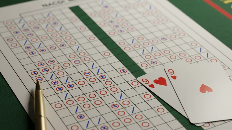 Baccarat scorecard road-map with a natural nine hand on green felt and a gold pen beside it