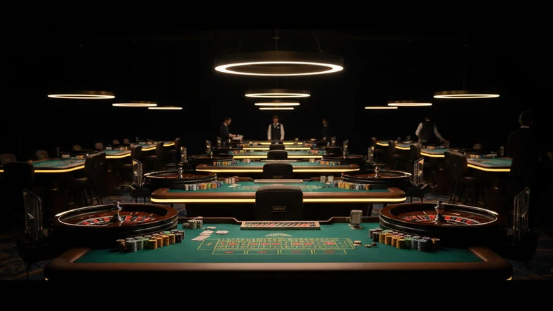 Professional live online casino studio with multiple baccarat and roulette tables and golden accent lighting