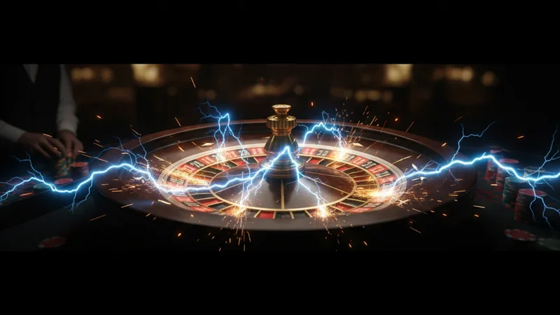 Dramatic electric-blue lightning bolts striking a spinning roulette wheel with glowing gold pockets