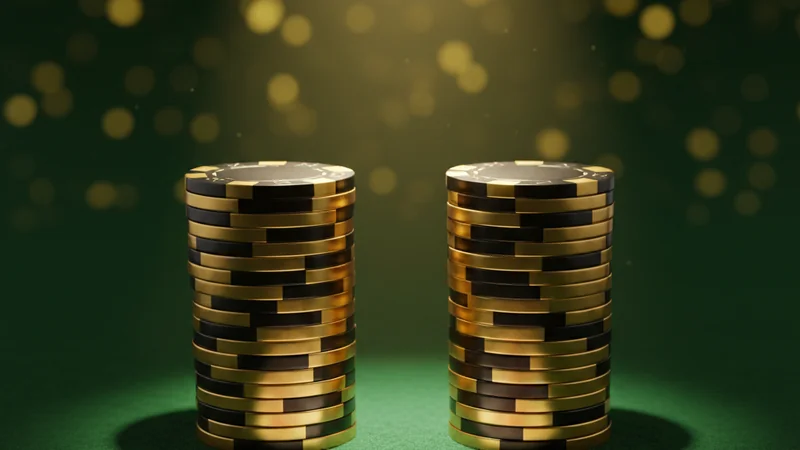 Premium online casino welcome offer with tall gold and black chips and royal cards on green felt