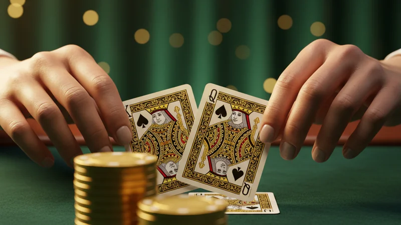 Live dealer deals royal playing cards on an online casino baccarat table with a stack of gold chips
