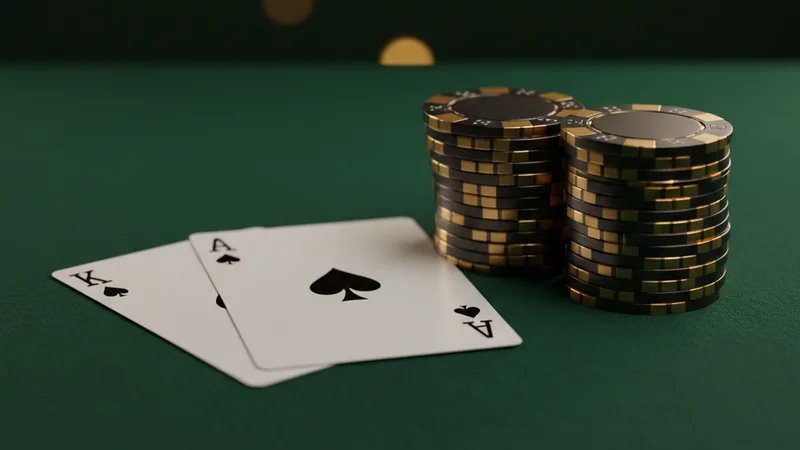 Live blackjack table showing Ace and King of spades with gold and black casino chips on green felt