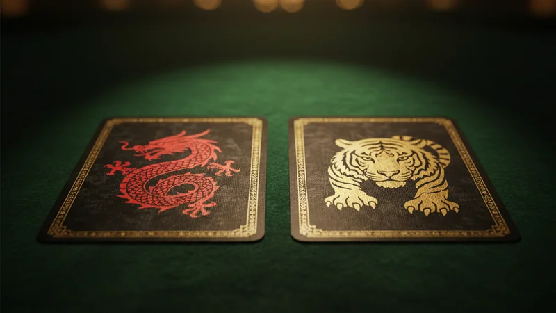 Two face-down ornate playing cards with dragon and tiger crests on rich green felt with gold trim