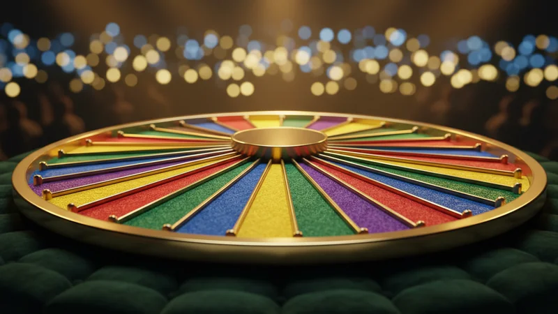 Casino game-show wheel with colourful segments mid-spin, warm stage spotlights, bokeh audience lights