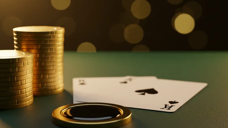 Ace-King poker hand on live casino table with gold chips, dealer's button and dramatic lighting on green felt