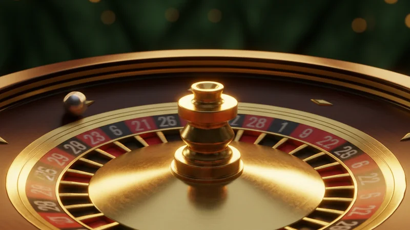 Spinning European roulette wheel with silver ball on the rim, glinting gold number pockets