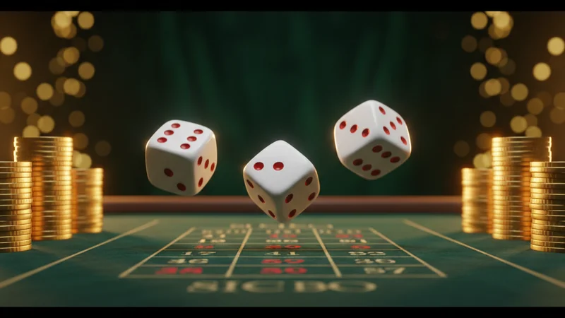 Three white casino dice frozen mid-tumble over an emerald green Sic Bo betting layout with gold chips